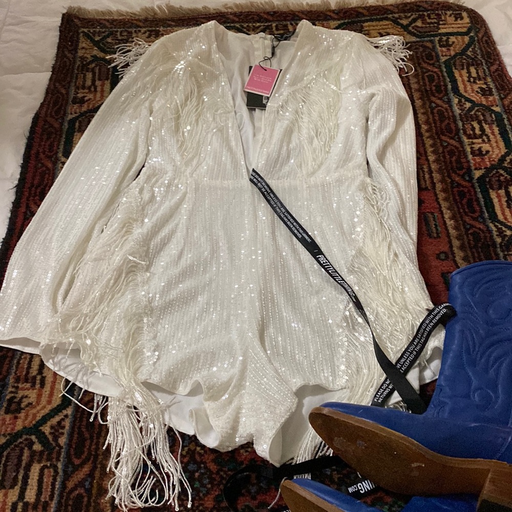 Sequined romper with fringe